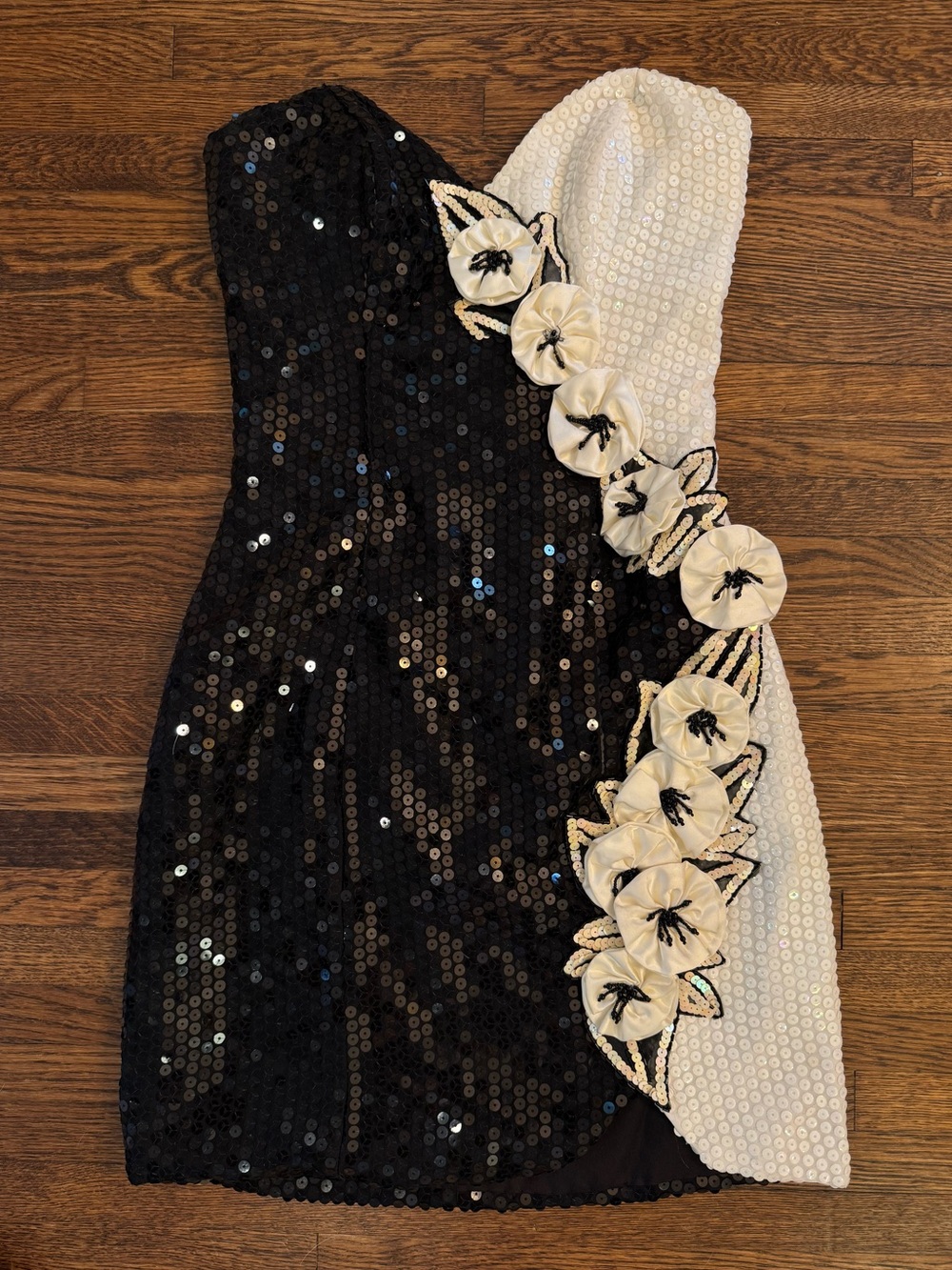Black and White Sequin Mini Dress with Floral Appliqué